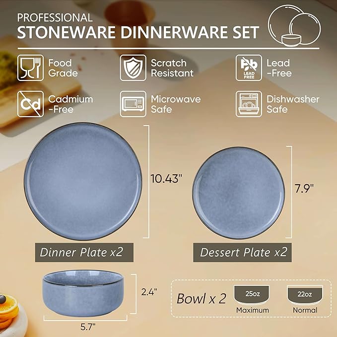 Herogo 6-Piece Stoneware Dinnerware Sets for 2 Stackable Dinner Plates and Bowls Sets Double Reactive Glaze Dishware Place Setting for Kitchen Scratch Resistant Microwave Safe Haze Blue