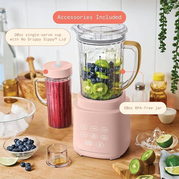 High Power Countertop Blender System with Multiple Speeds Ice Crushing Smoothie and Chopping Functions 50 oz Jar and 20 oz Single Serve Cup (Rose)