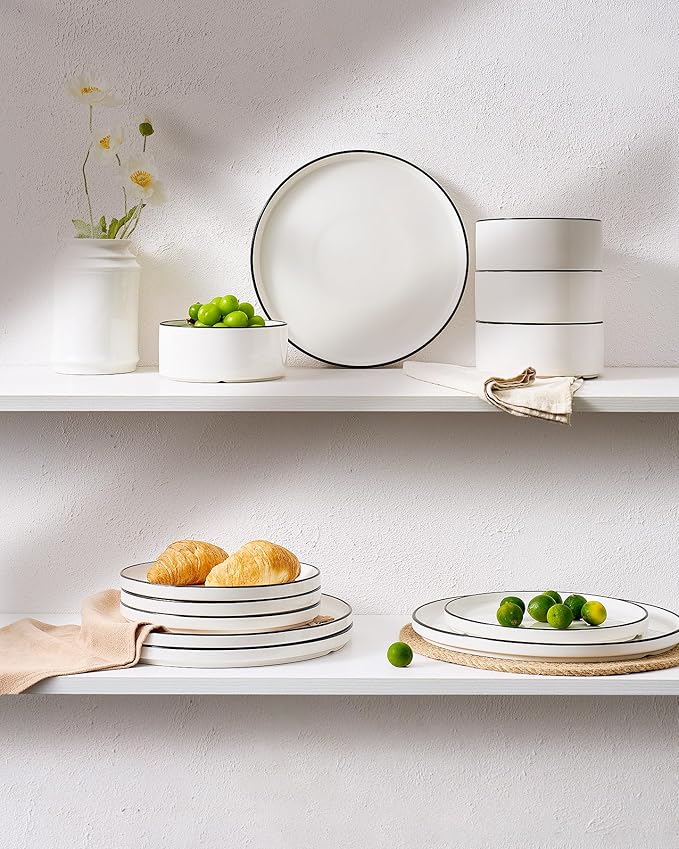 Famiware Porcelain Dinnerware Set 12-Piece Modern Plate and Bowl Set Dish Set for 4 Microwave and Dishwasher Safe Tableware White with Black Trim