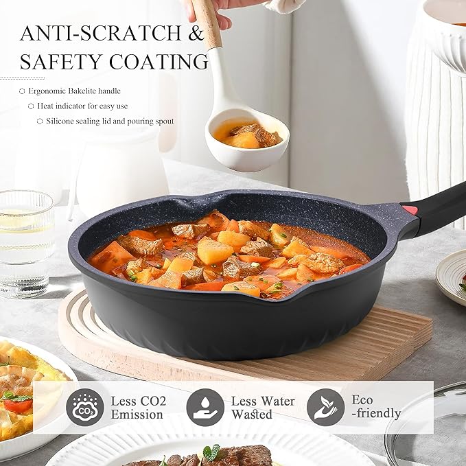 Vinchef Nonstick Skillet with Lid 12.5In Aluminum Deep Frying/Saute Pan with Lid and Heat Indicator Anti Scratch and Anti Stain Induction Compatible