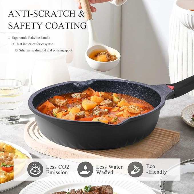Vinchef New Handle Update 11In/5Qt Aluminum Nonstick Deep Frying Pan with Lid and Heat Indicator Anti Scratch and Anti Stain Deep Saute Pan Induction Compatible