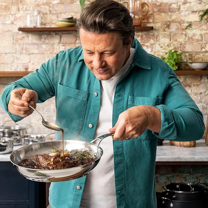 Jamie Oliver by T-fal Cook Smart 10-Piece Cookware Set Uncoated Stainless Steel Robust Fast Heating Even Cooking Riveted Handle Induction safe Oven and dishwasher safe