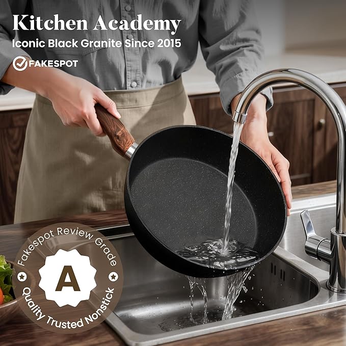 Kitchen Academy 12 Piece Pots and Pans Set Non Stick Cookware Sets Healthy Black Granite Induction Kitchen Cookware (PFAS PFOA PFOS Free)