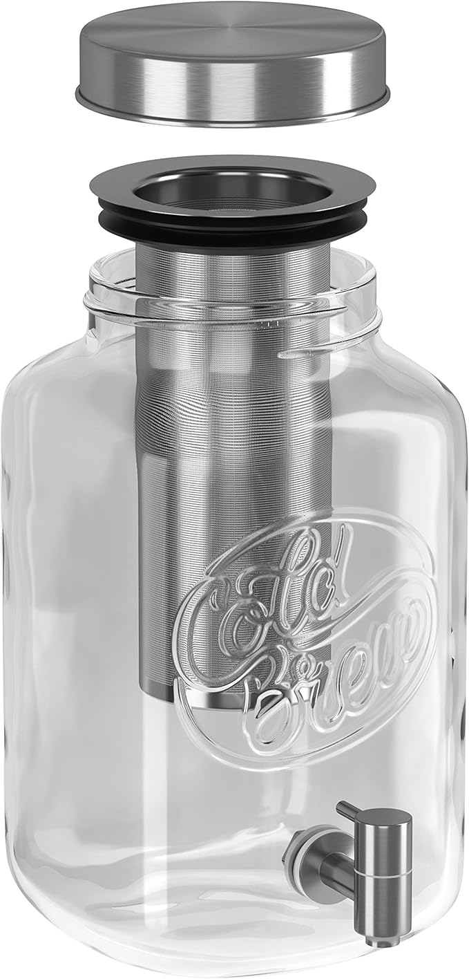 Kook 1 Gallon Mason Jar Drink Dispenser Thick Glass Carafe Stainless Steel Spigot and Mesh Filter Premium Iced Coffee Maker Cold Brew Pitcher &amp Tea Infuser