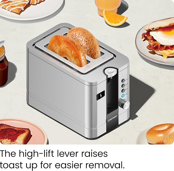 Chefman 2-Slice Digital Toaster Pop-Up Stainless Steel Extra-Wide Slots For Bagels Defrost Reheat Cancel Functions Removable Crumb Tray