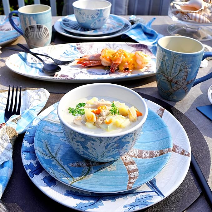 Beyond The Shore 16 Piece Dinnerware Set Service for 4 – Earthenware Ocean-Inspired Plates Bowls &amp Mugs – Durable Microware and Dishwasher Safe – Coastal Décor Beach House Dining
