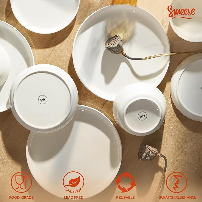 Sweese Plates and Bowls Sets18 Pieces Modern Porcelain Dinnerware Set for 6 Handcrafted Uniqe Dinner Set Ceramic Dishware Dishes Microwave and Dishwasher Safe White