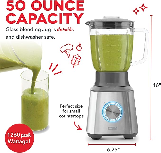 Dash Quest 50 oz Countertop Kitchen Blender Professional Heavy Duty High Speed Processor and Mixer Stainless