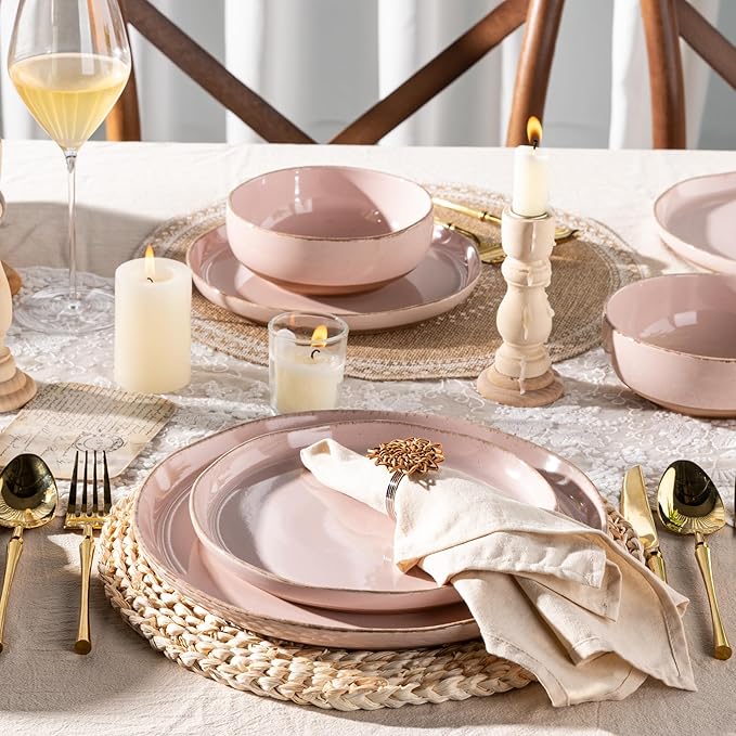AmorArc Ceramic Dinnerware Sets for 4 12 Pieces Handpainted Plates and Bowls Set with Rustic Terracotta Underside Scratch Resistant Stoneware Dishes Set Dishwasher &amp Microwave Safe