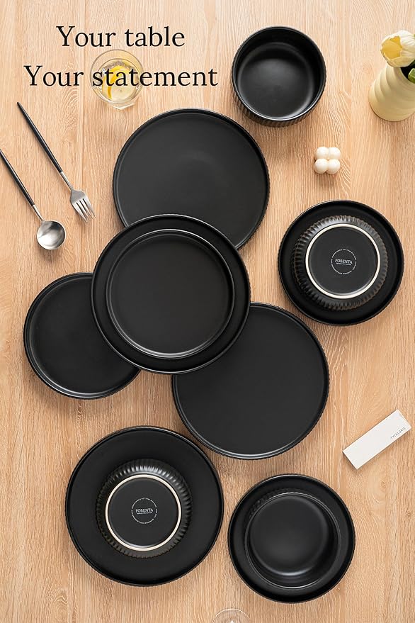 Dinnerware Sets for 4Microwave Safe Plates and Bowls Sets12 Piece Dylan Dish SetReactive Glaze Stoneware Dinnerware Set (Matte Reactive Dark Night Service for 4 (12pcs))
