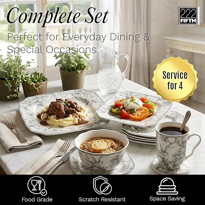 222 Fifth Adelaide 16-Piece Square Floral Dinnerware Set – Service for 4 Grey &amp White Porcelain Plates &amp Bowls for Everyday Dining &amp Entertainment Microwave &amp Dishwasher Safe Chip