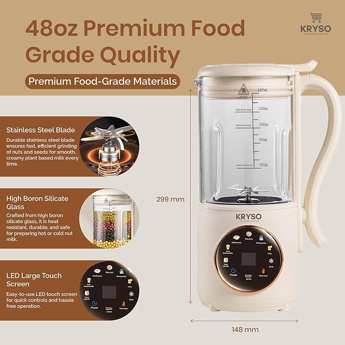 KRYSO 48OZ 8-in-1 Nut Milk Maker Machine Automatic Kitchen Appliance with Milk Frother | Almond Soy Oat &amp Plant-Based Drinks | Self-Cleaning Keep Warm Juice &amp Soup Maker