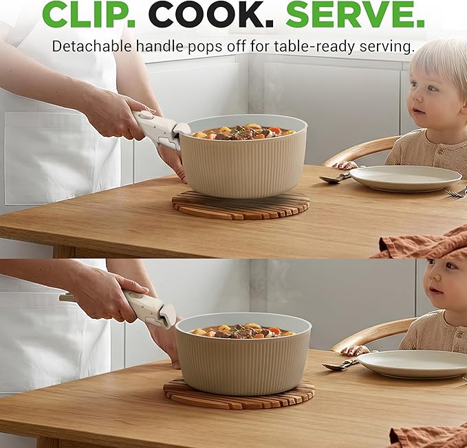 NutriChef 18-Piece Ceramic Cookware Set with Detachable Handles Non Stick Pots and Pans PTFE-Free Natural Ceramic Coating Space-Saving Design Oven &amp Stove Safe Includes Utensils Cream