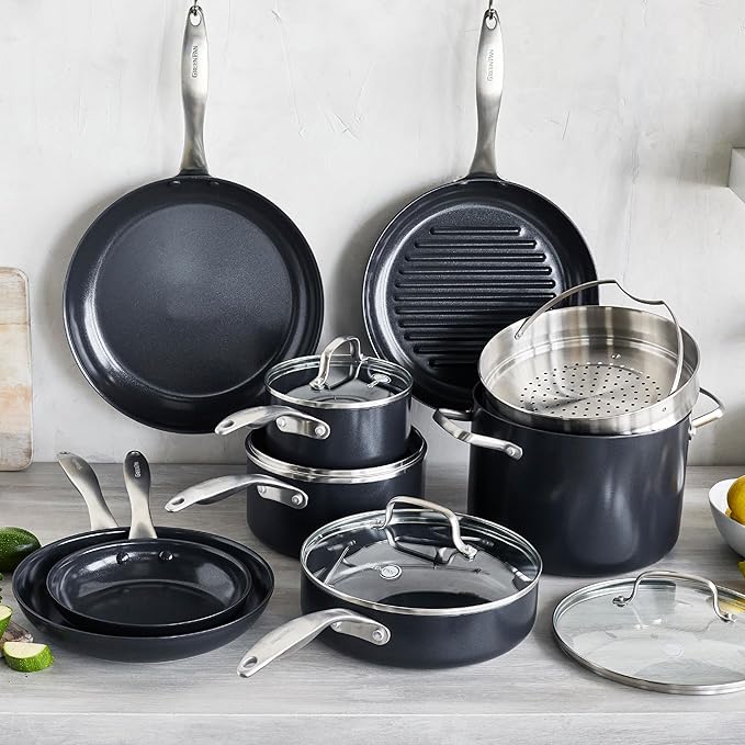 GP Black Pro Infinite8 Ceramic Nonstick 13 Piece Set Hard Anodized Stainless Steel Handle Saute and Saucepans PFAS-Free