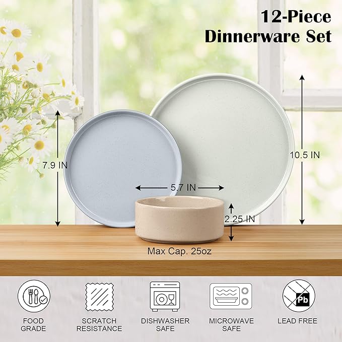E-far Stoneware Dinnerware Sets with Pasta Bowls Set of 4 Bundle 12PCS Plates and Bowls Dish 35oz Ceramic Large Salad Bowl Plates for Serving Soup Dinner Microwave Safe Speckled Multicolor