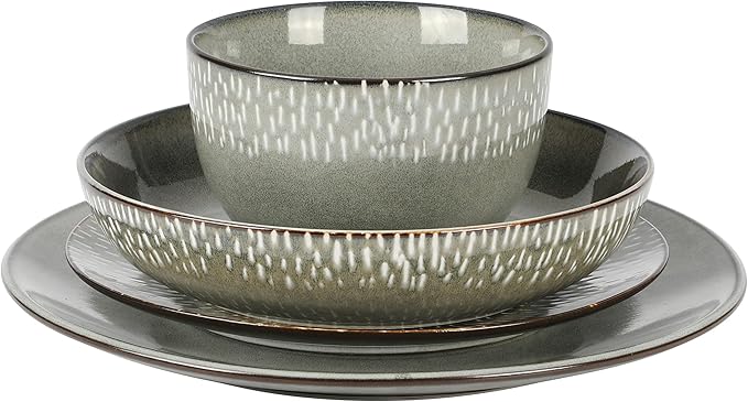 Gibson Elite Matisse 16-Piece Double Bowl Dinnerware Set Service for 4 – Green Stoneware Plates and Bowls