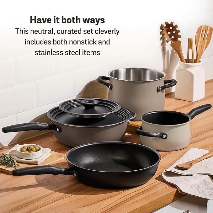 Meyer 6pc Stackable Set with Universal Lids | Hard Anodized Non Stick and Stainless Steel Pots and Pans | Induction Compatible | Dishwasher Safe | Oven Safe | Black &amp Gray | Accent Series Cookware