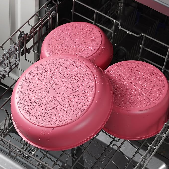 CAROTE 18Pcs Ceramic Cookware Set with Detachable Handle Pots and Pans Set Non Stick Non Toxic Kitchen Cooking Sets with Stand-Up Lid PFAS and PFOA Free Oven Safe Induction Ready Pink