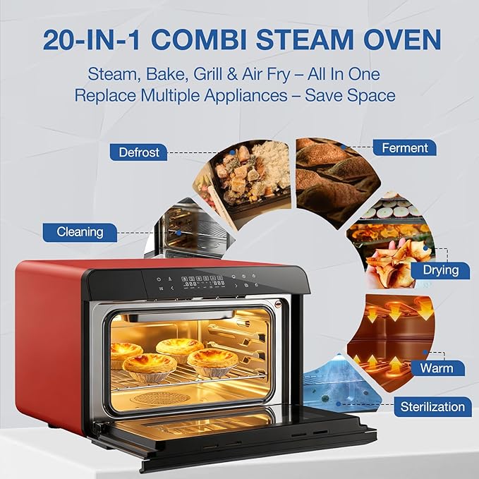 ROBAM Toaster Air Fryer Combi Oven Countertop Steam Oven 20-in-1 with Convection Steam Roast &amp Bake Multi-Stage Cooking Self-Clean 7 Modes 30 Built-In Recipes for Kitchen Pizza Baking (Red)
