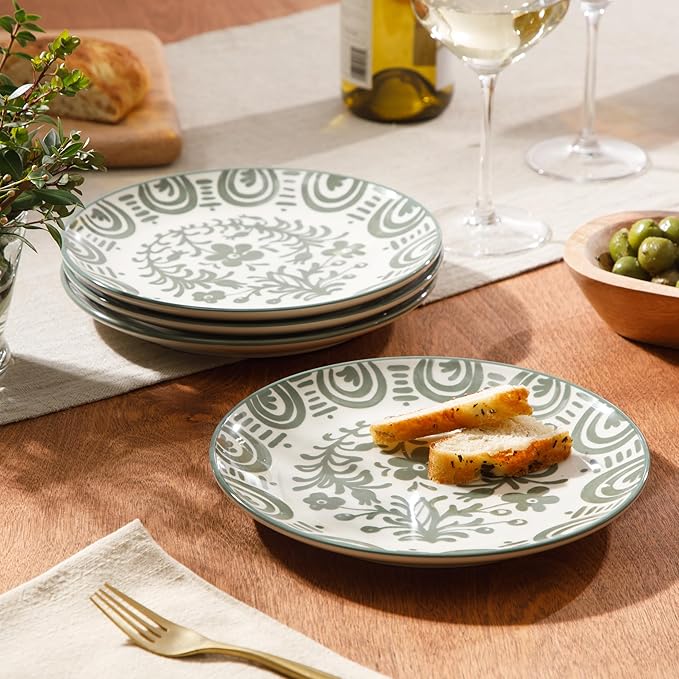 Bloomhouse - 2-Time Oprah’s Favorite Things - Valencia Flor 4 Piece Dessert &amp Salad Plate Set 8.75” Stoneware Plates Mediterranean Floral Decal Design Microwave &amp Dishwasher Safe Fern Gree
