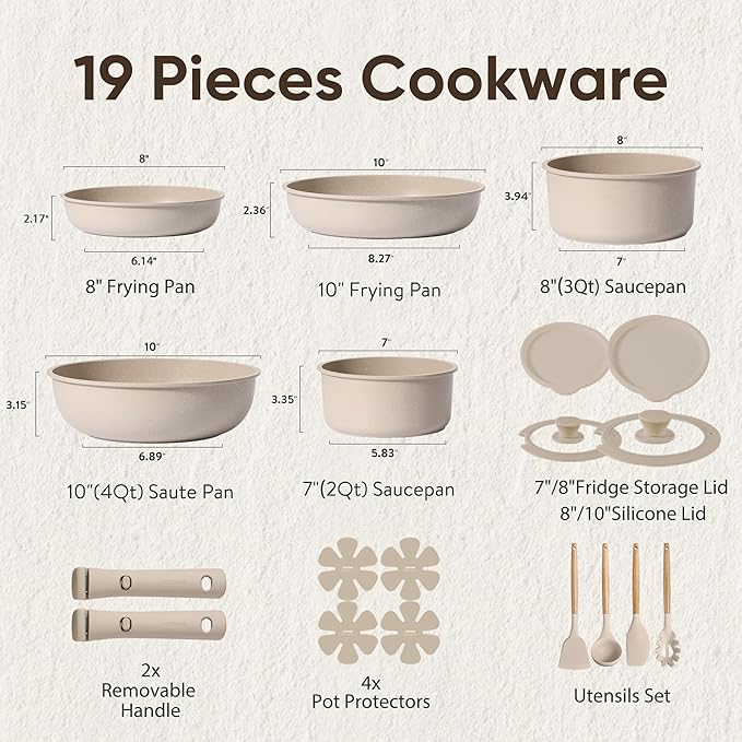 CAROTE 19pcs Pots and Pans Set Non Stick Nonstick Cookware Set Detachable Handle Induction Kitchen Cooking Sets with Removable Handle RV Kitchen Oven Safe Taupe