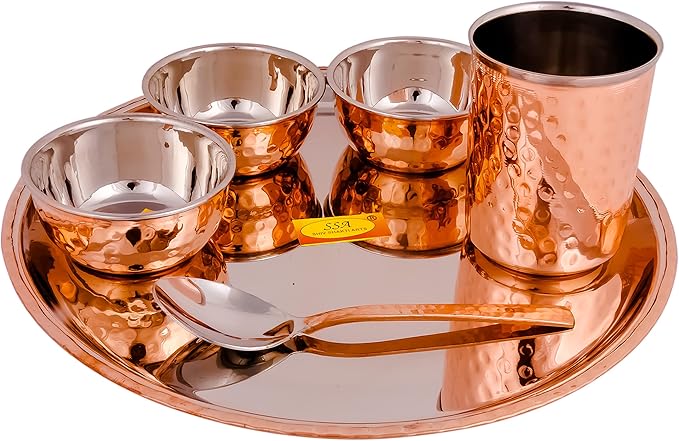 Shiv Shakti Arts® Stainless Steel Copper Dinner Thali Set 6 Pieces - Luxury Hammer Design Anarkali Dinner Set