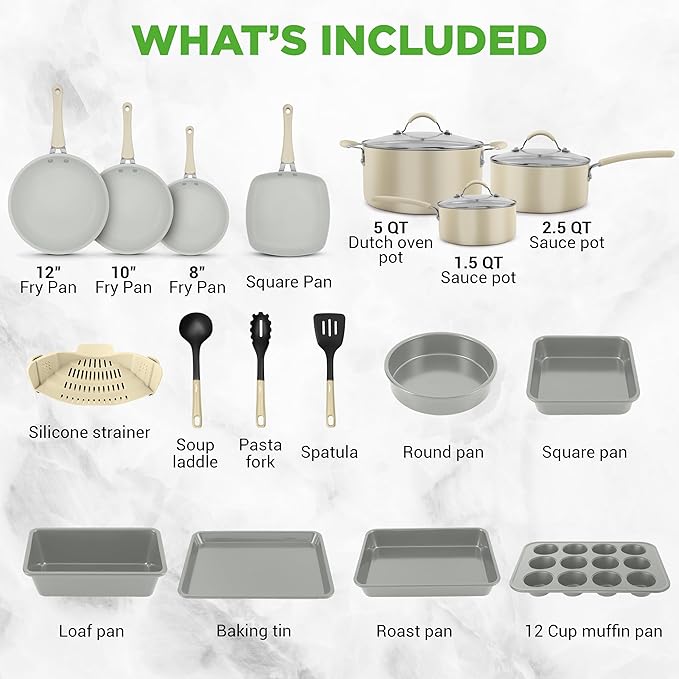 NutriChef 20-Piece Non-Stick Bakeware and Cookware Set - Utensils Including Pots and Baking Pans Made with Durable Aluminum Tempered Glass Lids Heat-Resistant Utensils Easy-Clean Design (White)