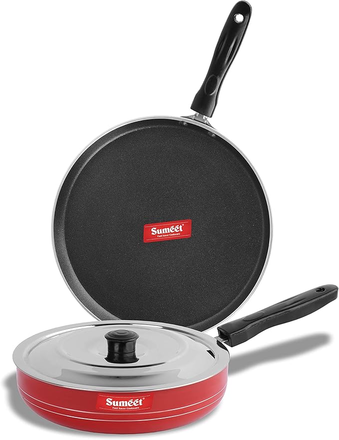 Sumeet 2.6mm Thick Non-Stick Red Chilli Cookware set (Dosa Tawa – 26.5cm Dia + Fry pan – 1.5Ltr Capacity – 21cm Dia)