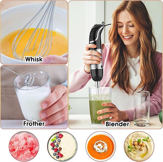 Immersion Blender Handheld for KitchenEmulsion Blender Handheld12 Speed Electric Hand Mixer with BPA Free Attachments:Chopper BowlWhiskMilk FrotherMeasuring Cup