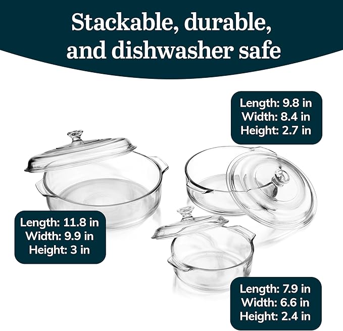 Libbey Baker's Basics 3-Piece Glass Casserole Dishes with Glass Covers Stackable Casserole Dishes for Oven Microwave Refrigerator Versatile Baking Dish Set
