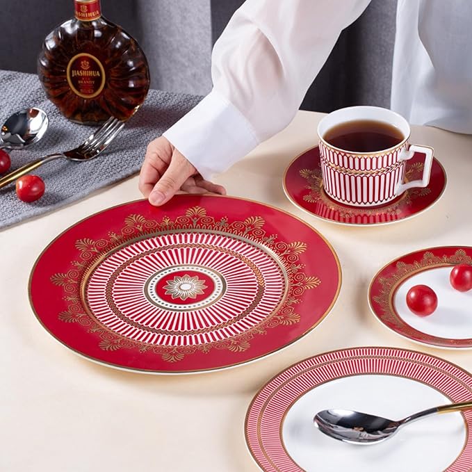 European Style Dinnerware Set Service for 2 Bone China Dinnerware Sets Unbreakable Porcelain Dinner Sets Coffee Cup and Saucer Tableware Set Steak Dinner Plates Dish Set Red Radiant Gold-3