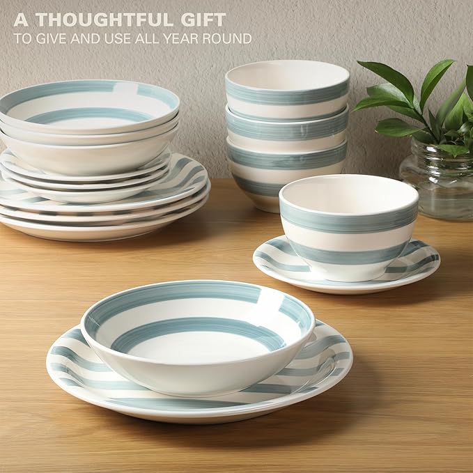 Gibson Home Kenwood Shores 16 Piece Dinnerware Set Blue Striped Hand-Painted Stoneware Dishes Plates and Bowls Service for 4 Microwave &amp Dishwasher Safe