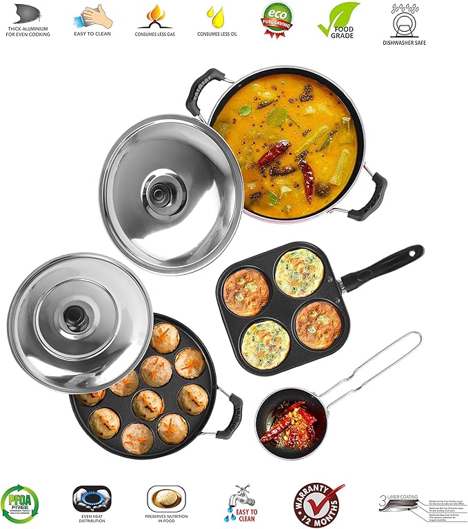 Sumeet 2.6mm Thick Non-Stick Rua Cookware set (Mini Multi Snack Maker – 19.5cm Dia + Kadhai With Lid – 1.5Ltr + Grill Appam Patra With Lid – 23cm Dia + Grill Pan – 1.1Ltr Capacity – 22cm Dia)