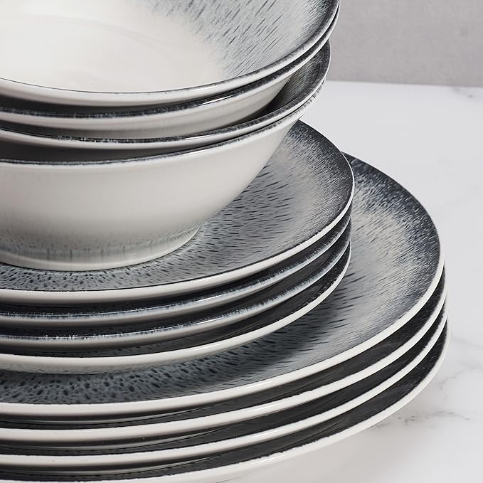 Mikasa Matteo 12 Piece Dinnerware Plate Bowl Set Servie for 4 Gray