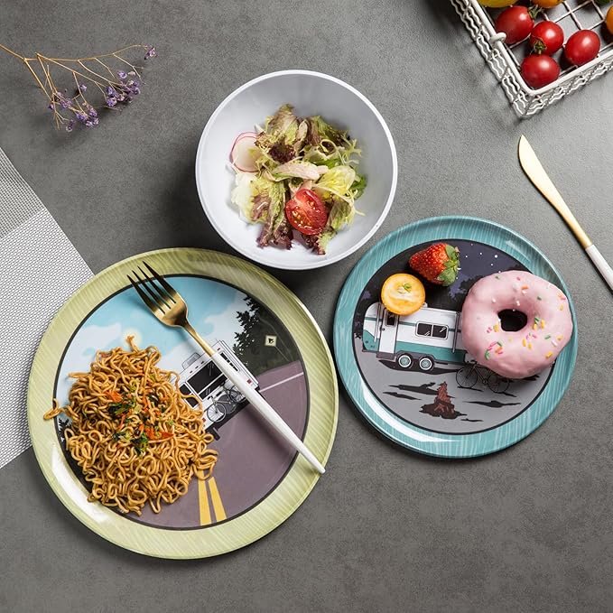 Melamine Plates and Bowls Sets12pcs Melamine Dinnerware Sets Unbreakable Dinnerware SetRV Camping Dishes SetLightweight Dishwasher Safe（White car）