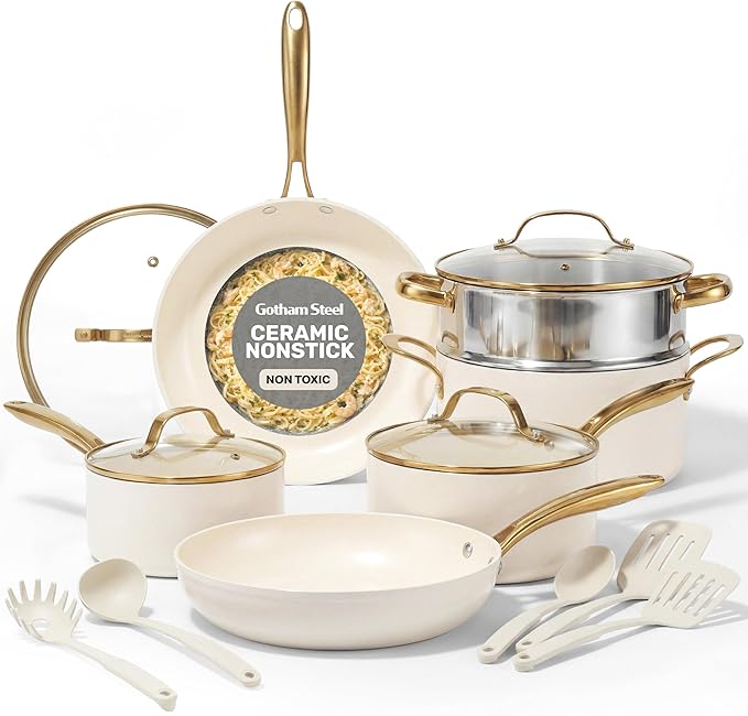 Gotham Steel 15 Pc Ceramic Cookware Set Ceramic Pots and Pans Set Non Stick with Cooking Utensils and Steamer Non Toxic PFOA PFOS Free Premium Gold Stay Cool Handles Oven &amp Dishwasher Safe