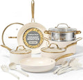 Gotham Steel 15 Pc Ceramic Cookware Set Ceramic Pots and Pans Set Non Stick with Cooking Utensils and Steamer Non Toxic PFOA PFOS Free Premium Gold Stay Cool Handles Oven &amp Dishwasher Safe