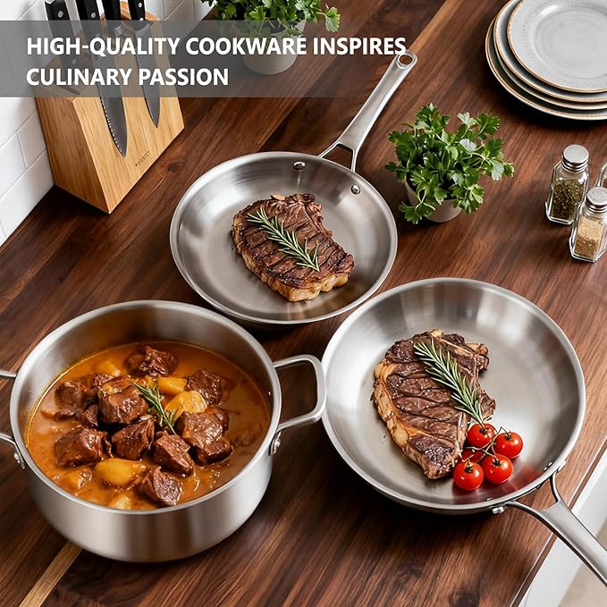 Bonnlo 11 Pieces Cookware Set 3-Ply Stainless Steel Pots and Pans Set with Lids Non-Toxic Kitchen Set Oven &amp Dishwasher Safe Induction Cooking Set PFOA &amp PTFE Free Compatible for All Coo