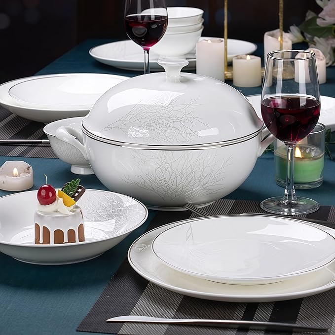 Fine Bone China Dinnerware SetPorcelain&ampCeramic Dinnerware SetsBone Stoneware &amp Ceramic Cookware Tableware Set Includes Dinner Plates|Spoons|Pasta Bowls|Soup Pot|Chopsticks (28PCS * 6-Person