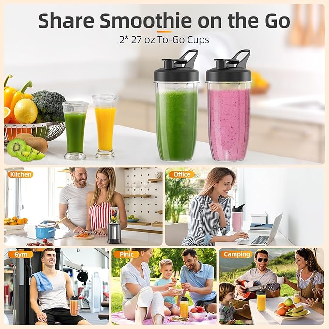 Smoothie Blender 1500W Personal Blender for Smoothies Shakes and Nutrient Extractions with 27oz*2 Portable Cup and Lid