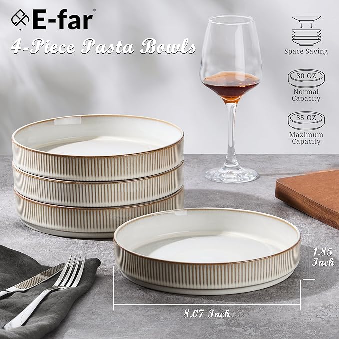 E-far 12-Piece Plates and Bowls Sets with 35oz Pasta Bowls Set of 4 Stoneware Dinnerware Dishes Sets Kitchen Modern Dining Dishware Creamy Beige
