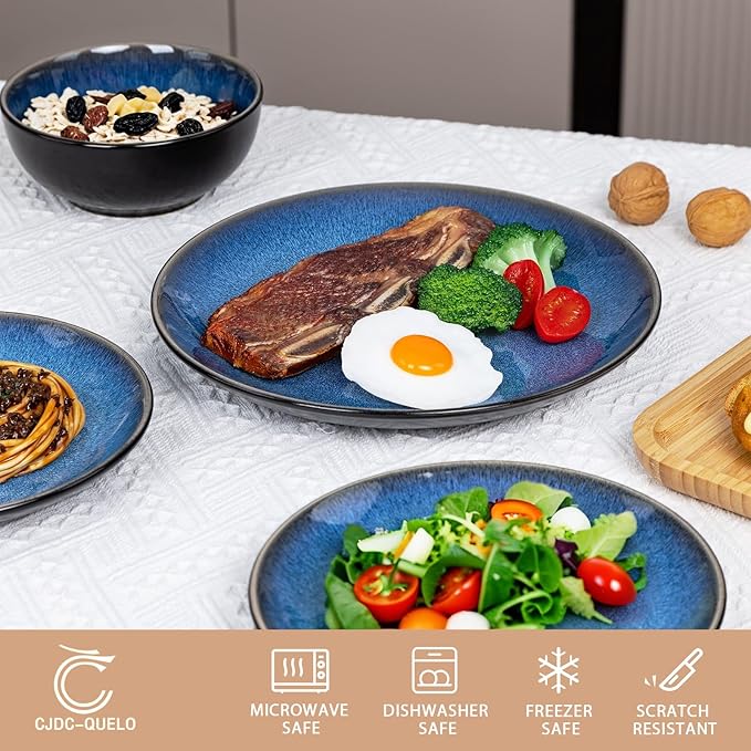 Plates and Bowls Sets for 4 - CJDC-QUELO 12-Piece Stoneware Dinnerware Sets Ceramic Dishware Set for Kitchen Use and Formal Dining Chip and Scratch Resistant Microwave Dishwasher Safe Blue