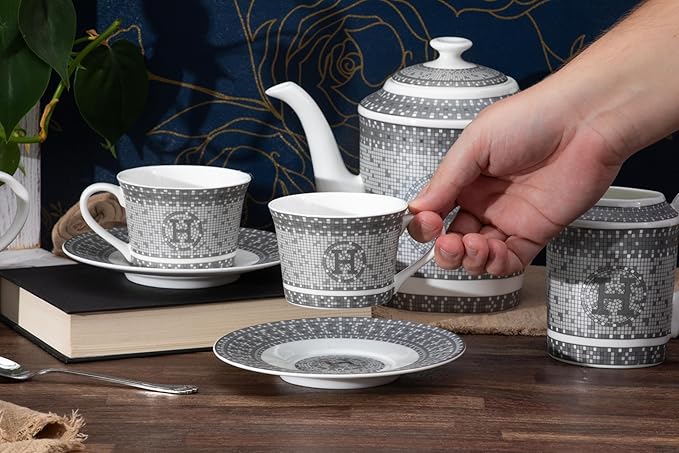 Dinnerware Set for 4-16 Piece Porcelain Dishes - Gorgeous White and Silver Intricate Geometric Mosaic Design - Premium Kitchen Set - For Everyday Use and Formal Occasions (58 Piece Set)