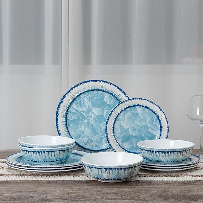 18 pcs Melamine Dishes Dinnerware Sets Lightweight Dinner Dish Set for Indoor and Outdoor Use Unbreakable Kitchen Plates and Bowls SetService for 6 Dishwasher SafeLight Blue