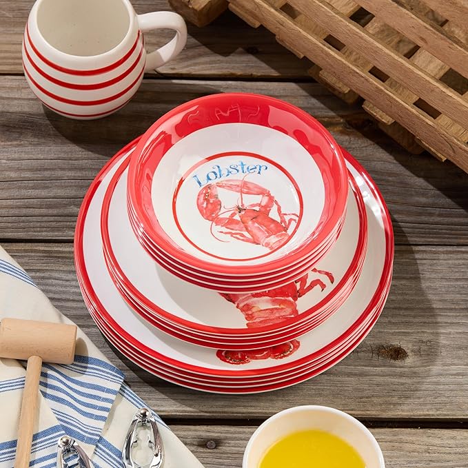 Beach House Lobster 12-Piece Melamine Dinnerware Set – Bold Coastal Charm Service for 4 Durable Lightweight and Dishwasher-Safe