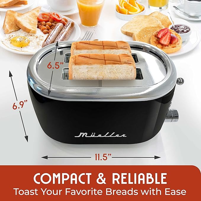 MUELLER HOME Retro Toaster 2 Slice 7 Browning Levels 3 Functions (Reheat Defrost Cancel) Stainless Steel Features Removable Crumb Tray Under Base Cord Storage Black