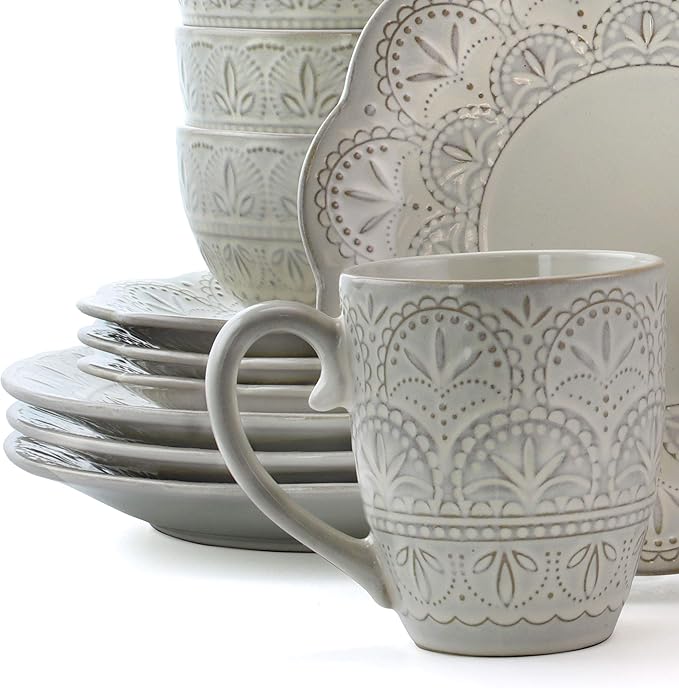 Elama White Lace 16 Piece Round Scallop Stoneware Dinnerware Set in White