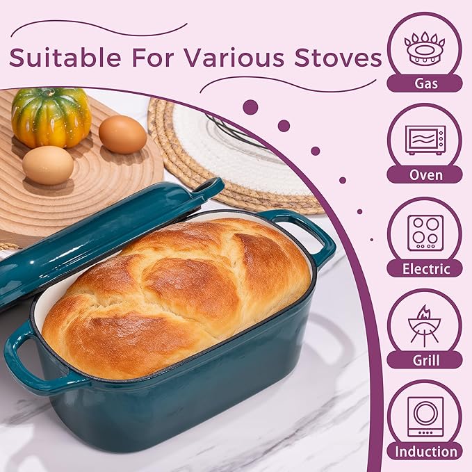 4.6-Quart Oval Dutch Oven for Bread Baking 2 in 1 Enameled Cast Iron Bread Pan with Lid Sourdough Bread Dutch Oven for a Crispy Crust Teal