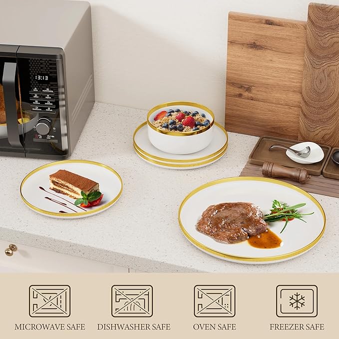 12-Piece Porcelain Dinnerware Set for 4 Kitchen Plates and Bowls Sets Handmade Ceramic Dish Set with Gold Rim White Non-Microwave &amp Non-Oven Safe