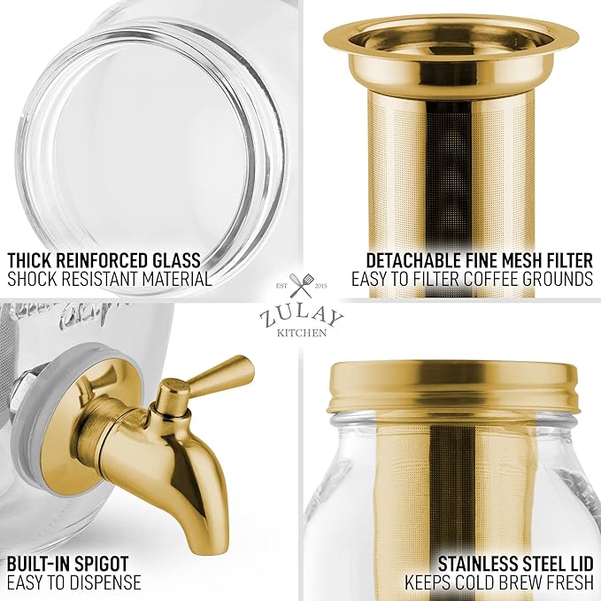 Zulay Kitchen 1.5 Liter Cold Brew Coffee Maker with EXTRA-THICK Glass Carafe &amp Stainless Steel Mesh Filter - Premium Iced Coffee Maker Cold Brew Pitcher &amp Tea Infuser (Gold)